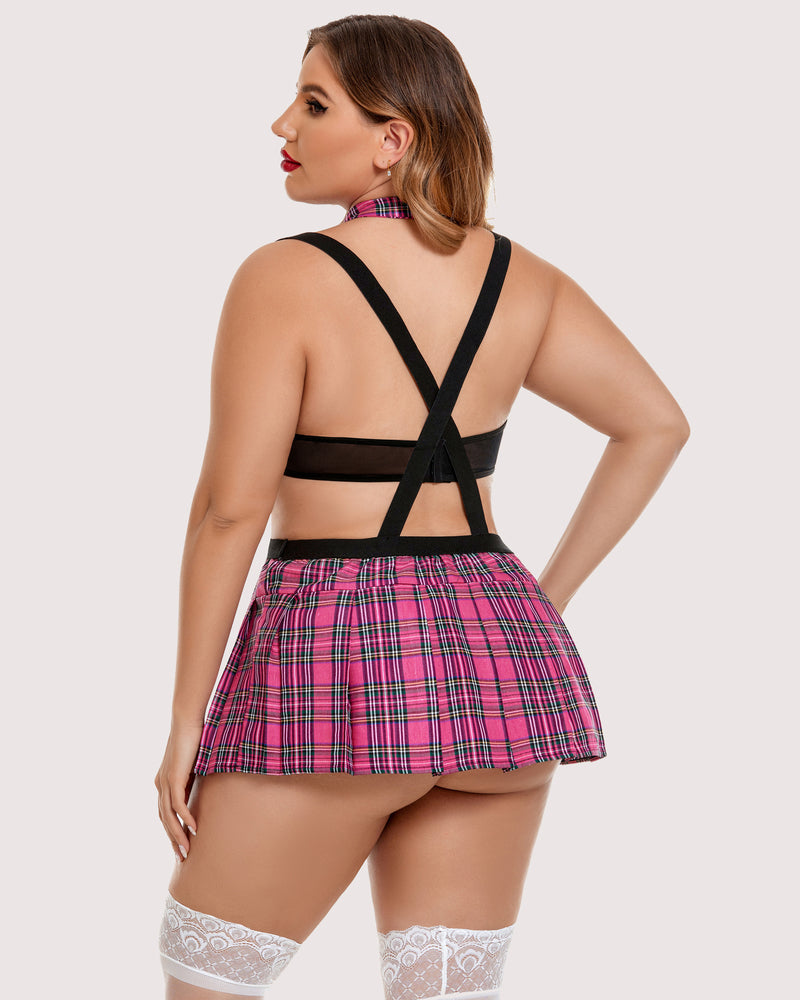Plus size pink plaid lingerie set with suspenders, mini skirt, and choker. Sexy and comfortable.