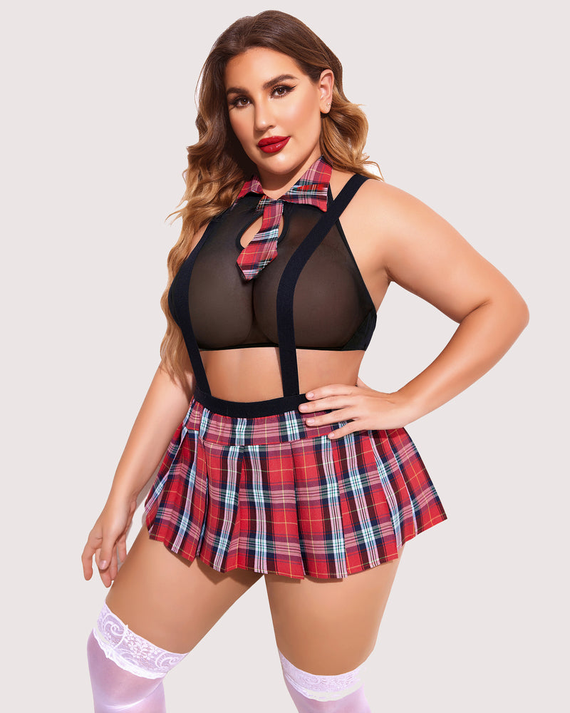 Plus size plaid lingerie set: mesh top, mini skirt, suspenders, and plaid tie. Sexy lingerie.