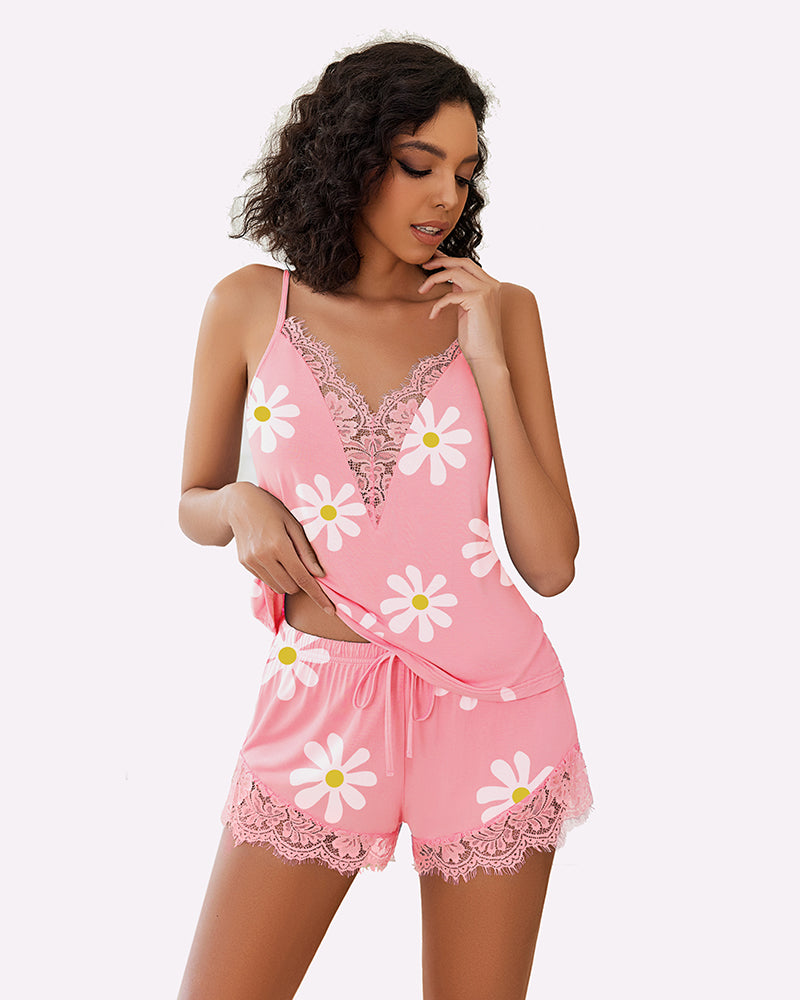 Pink daisy print pajama set for women. Lace trim camisole top and shorts. Avidlove lingerie.