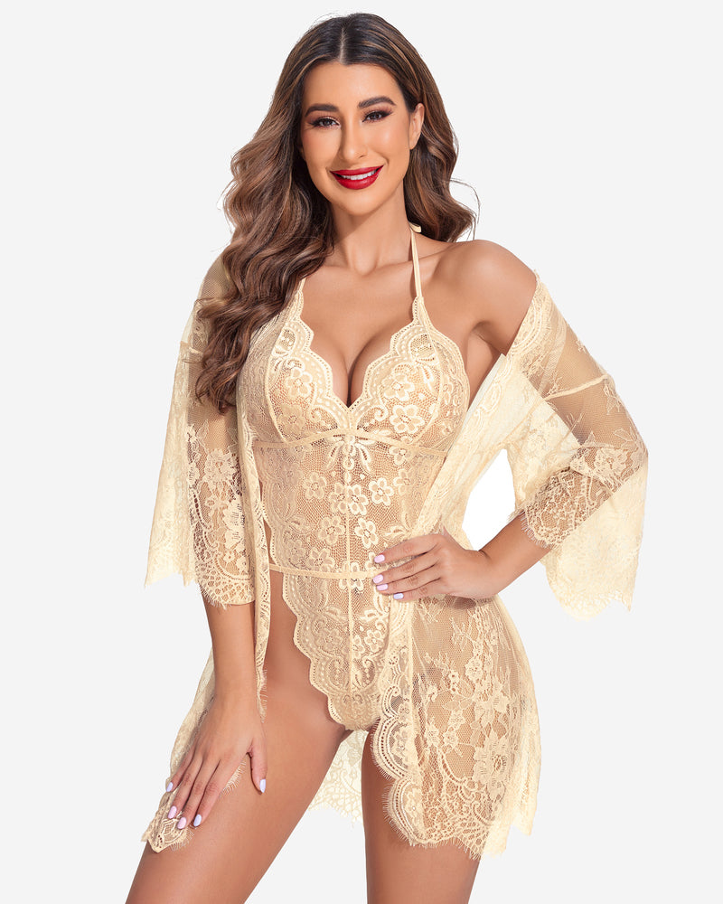Beige lace robe and teddy set with butterfly sleeves on a woman, Avidlove lingerie, confident style