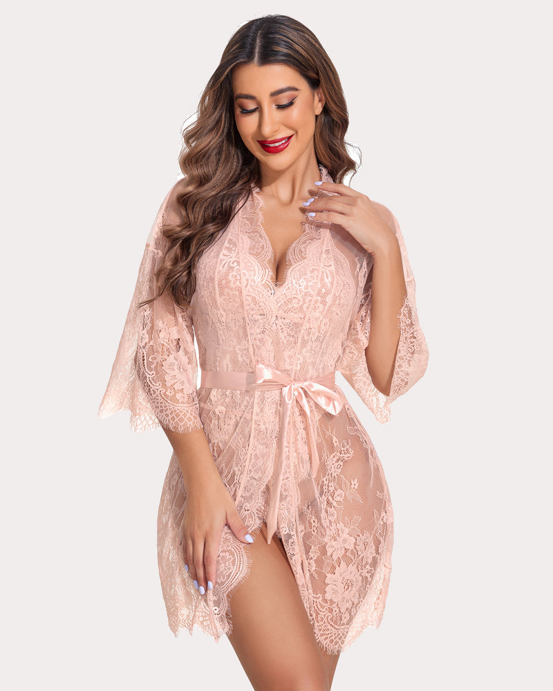 Blush pink Avidlove lace robe and teddy set with butterfly sleeves, showcasing confidence and beauty