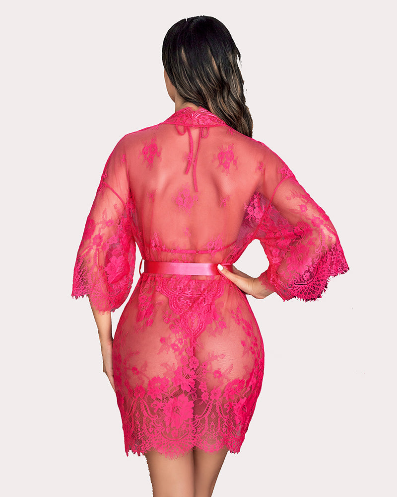 Fuchsia lace robe and teddy set by Avidlove, featuring butterfly sleeves and elegant design