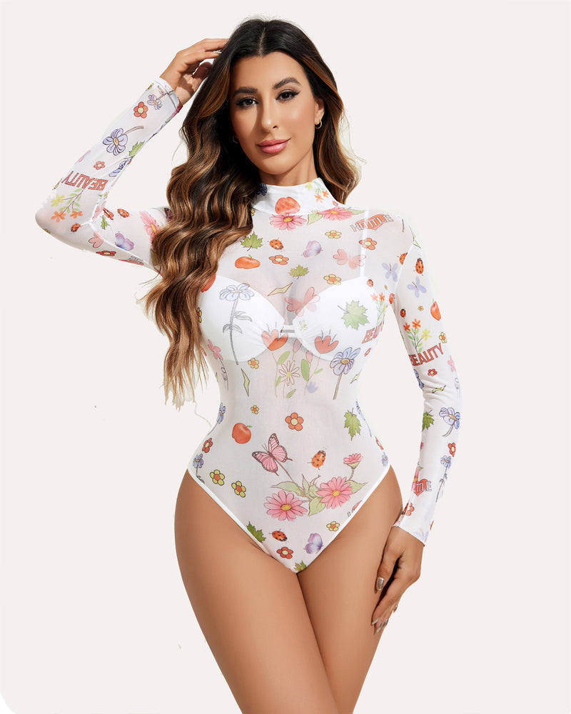 Long Sleeve Floral Turtleneck Sheer Bodysuit with "BEAUTY" print - Avidlove