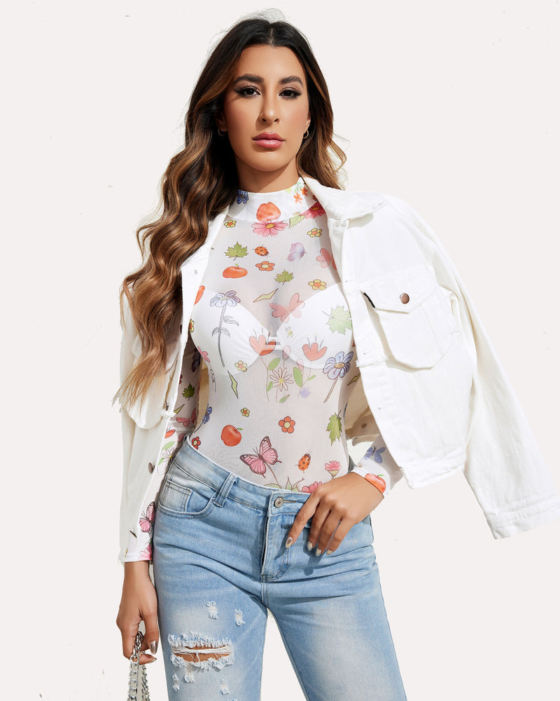 Floral mesh bodysuit with turtleneck, white denim jacket, and blue jeans; sexy lingerie for women