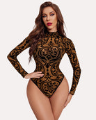 avidlove long sleeve bodysuit for women turtleneck sheer mesh bodysuit geo print leotards