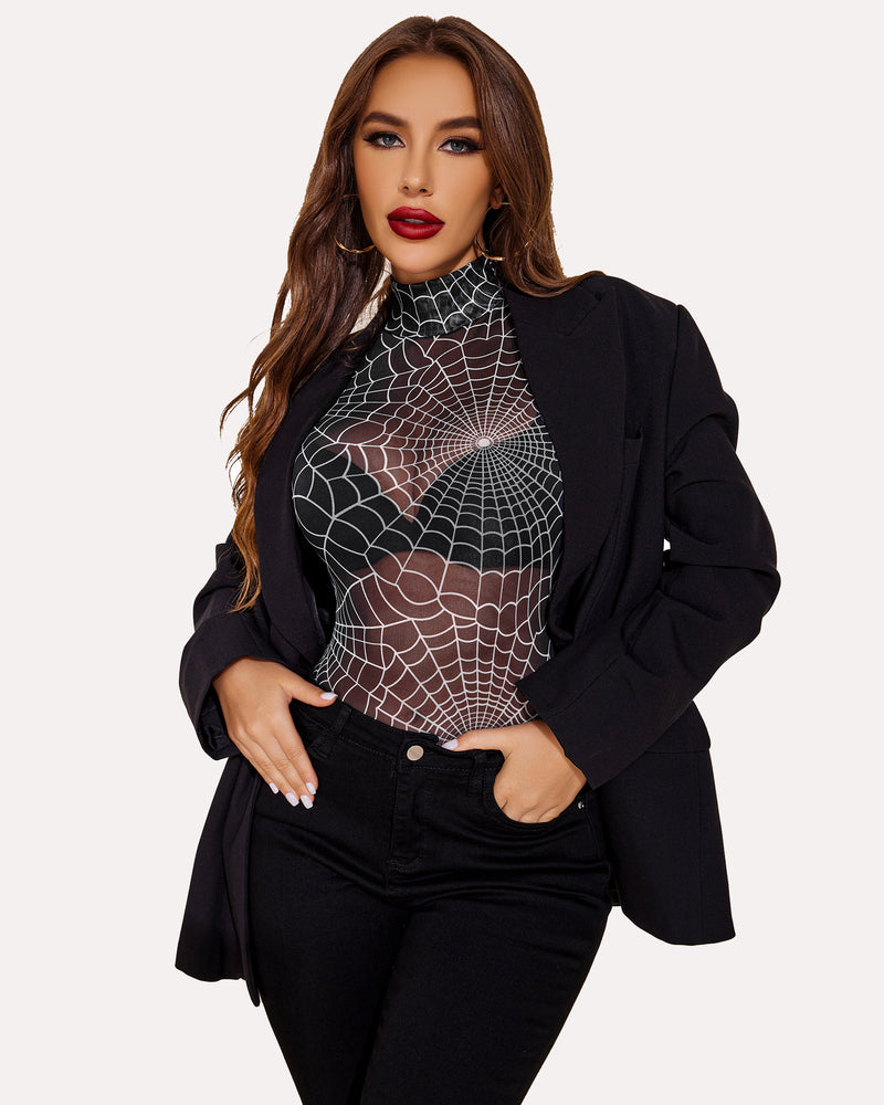 Spiderweb mesh bodysuit with turtleneck, black blazer and jeans. Sexy lingerie for women. Avidlove.