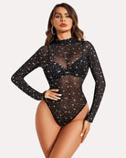 avidlove long sleeve bodysuit for women turtleneck sheer mesh bodysuit geo print leotards