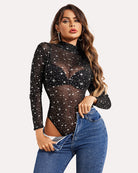 avidlove long sleeve bodysuit for women turtleneck sheer mesh bodysuit geo print leotards