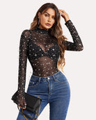 avidlove long sleeve floral bodysuit for women turtleneck sheer mesh bodysuit geo print leotards