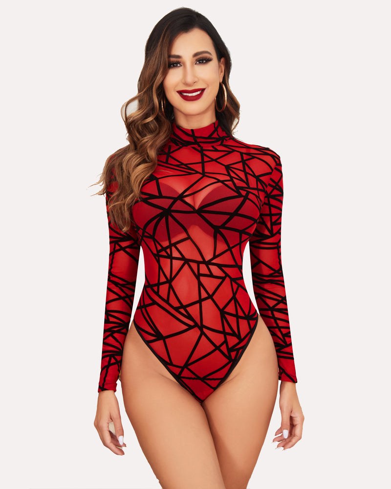 Avidlove red geometric mesh bodysuit with long sleeves and turtleneck. Sensual lingerie.