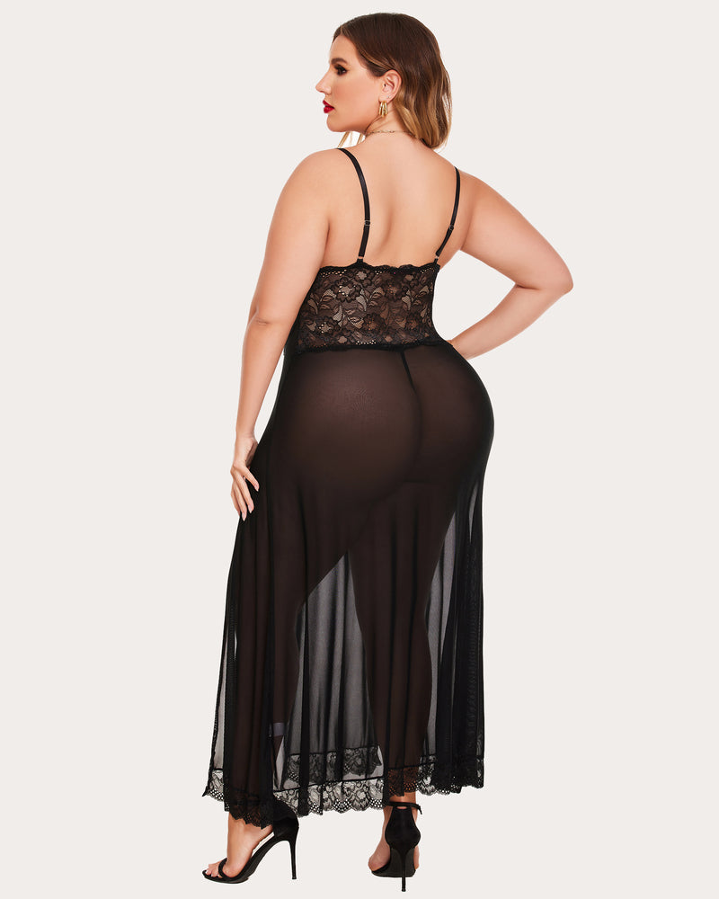 Plus size black mesh maxi dress with lace cups and adjustable straps, side slit design