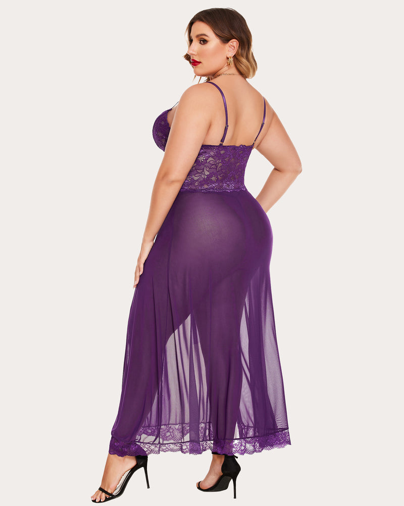 Plus Size Purple Nightdress with Lace Bodice and Side Slits