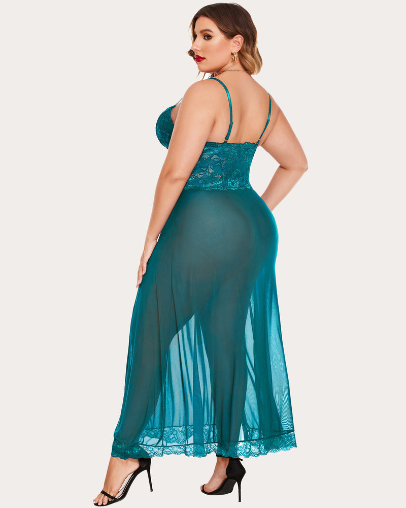 Teal mesh maxi dress with lace cups and side slit on a plus size model. Sexy lingerie.