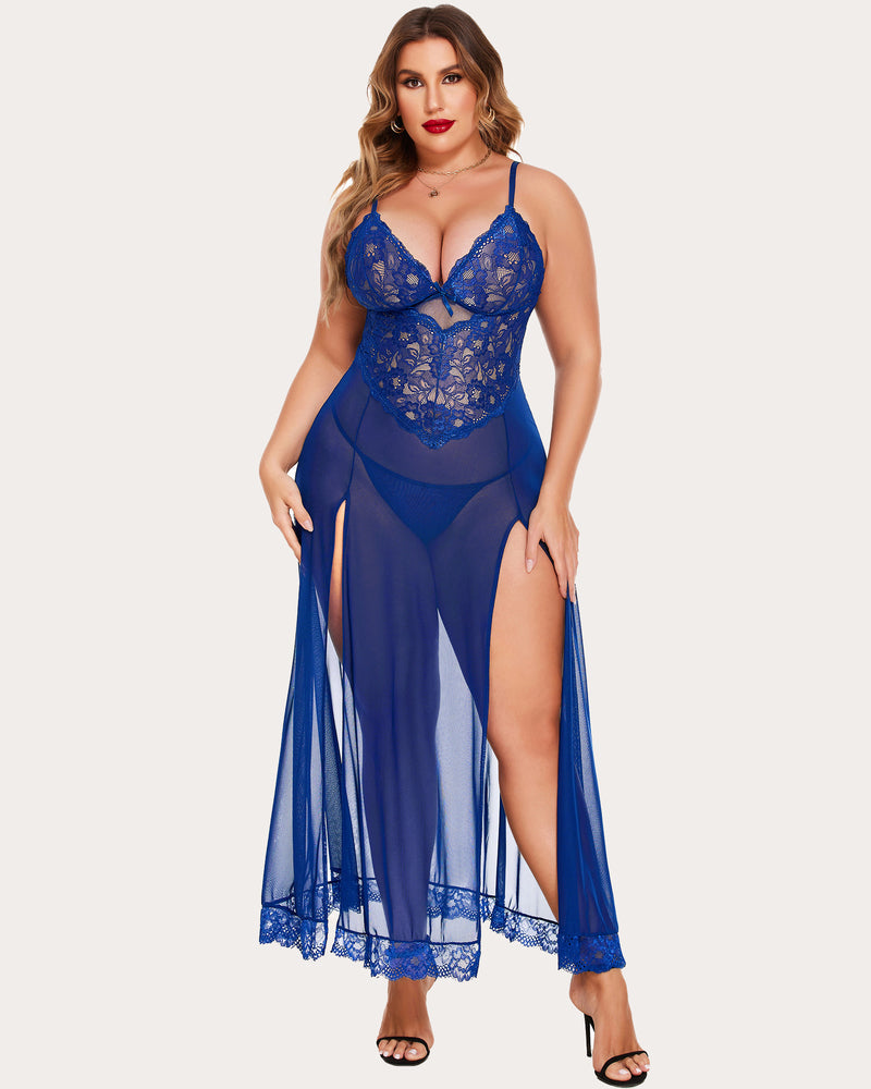 Plus size blue mesh maxi dress with side slits and lace. Sexy lingerie for confident women