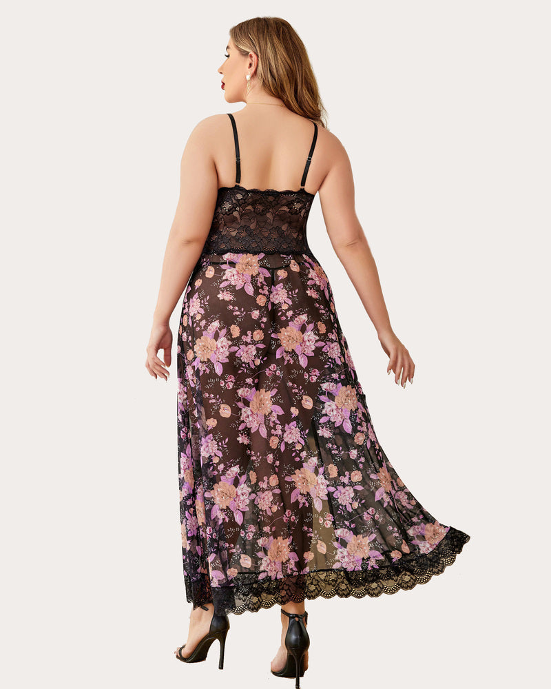 Plus size black floral nightdress with lace bodice and sheer floral skirt