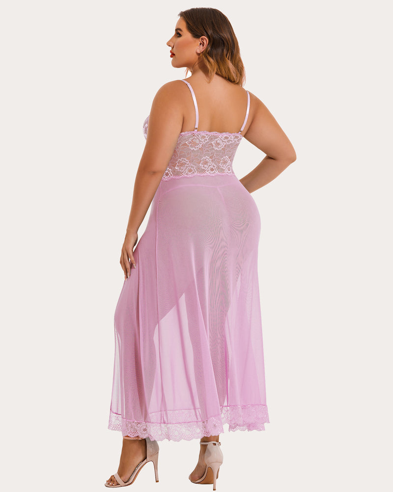 Plus size pink mesh maxi dress with lace cups and side slit. Sexy lingerie for confident women.