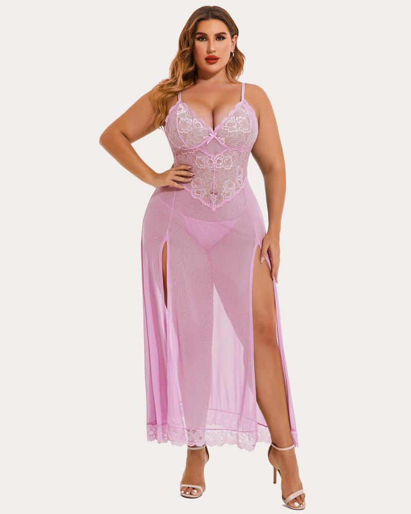 Plus size light purple mesh maxi dress with floral lace cups and side slits. Sexy lingerie