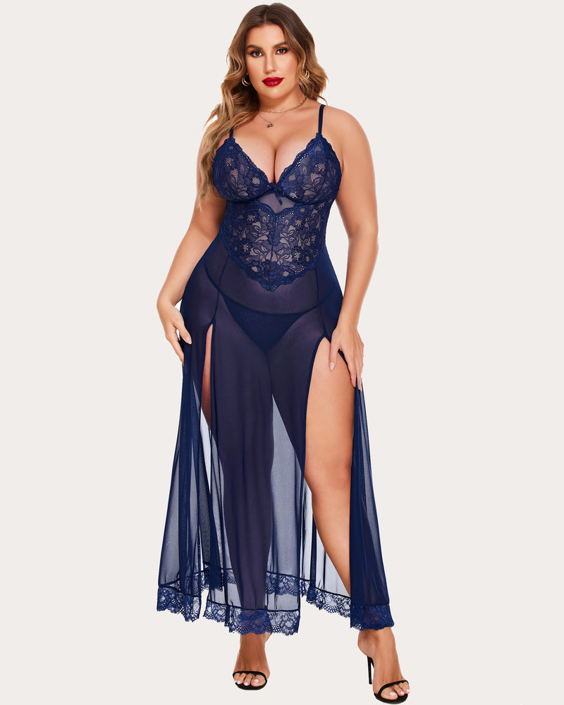 Plus size navy mesh maxi dress with lace cups and side slit. Sexy lingerie for women.