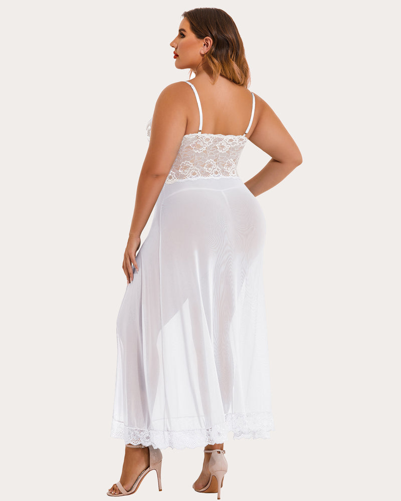 Plus size white floral lace nightdress with side slit, silky soft and comfortable