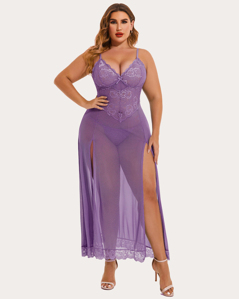 Plus size lavender mesh maxi dress with lace cups and side slits. Sexy lingerie for confident women