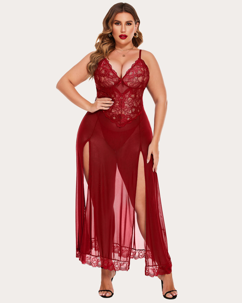 Plus size burgundy mesh maxi dress with lace cups and side slits. Sexy lingerie.