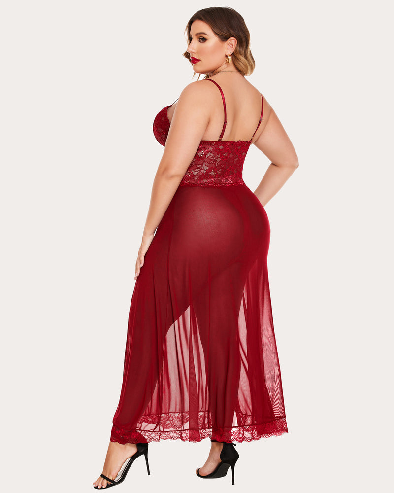 Burgundy plus size mesh maxi dress with lace cups, side slit, and adjustable straps. Sexy lingerie