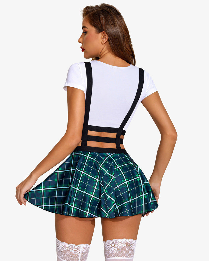 Plaid pleated mini skirt with suspenders, white top, and lace stockings. Sexy Avidlove outfit.