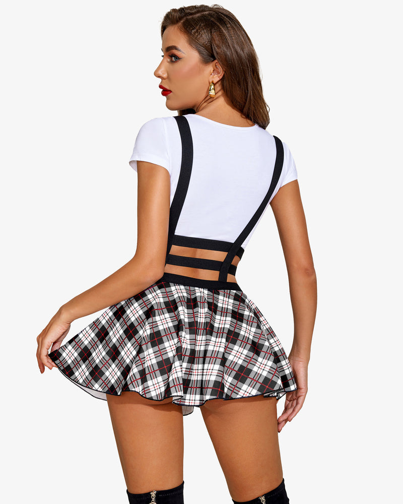 Plaid A-line suspender skirt set with suspenders and white top. Sexy, strappy design.