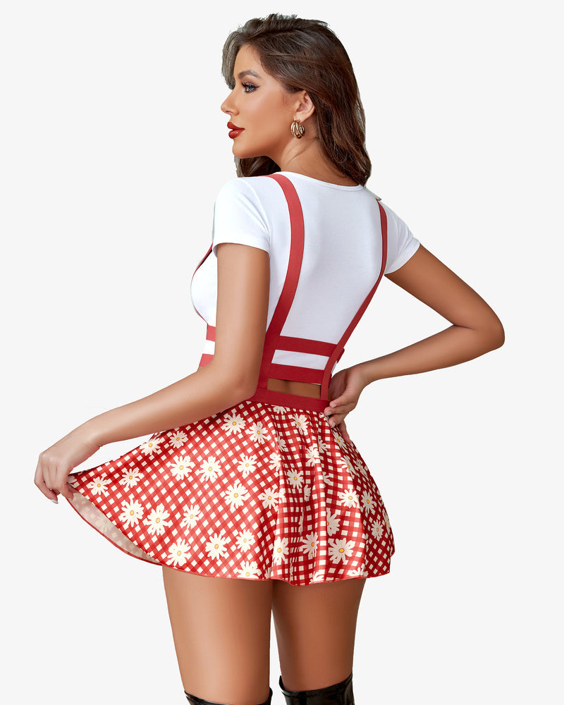 Red daisy mini skirt with suspenders. Fashionable A-line skirt, perfect for confident women.