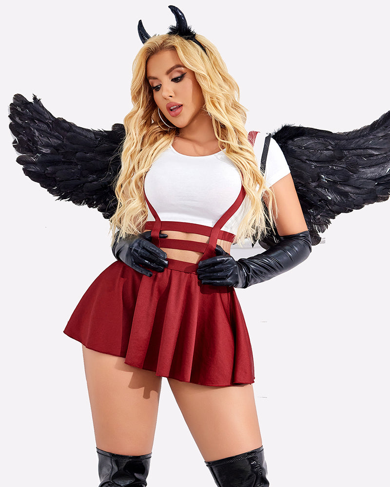 A-line skirt set by Avidlove. Burgundy pleated skirt, white top, devil horns, sexy style.