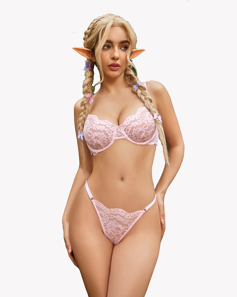 Pink fairy floral lace lingerie set with underwire. Ideal for honeymoon night.