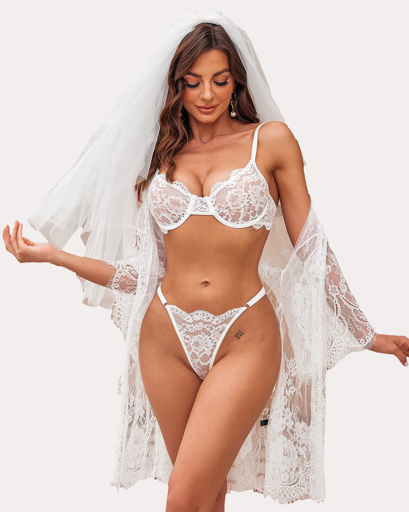 White floral lace lingerie set with veil. Romantic honeymoon night lingerie, Kiss Me Here tattoo.