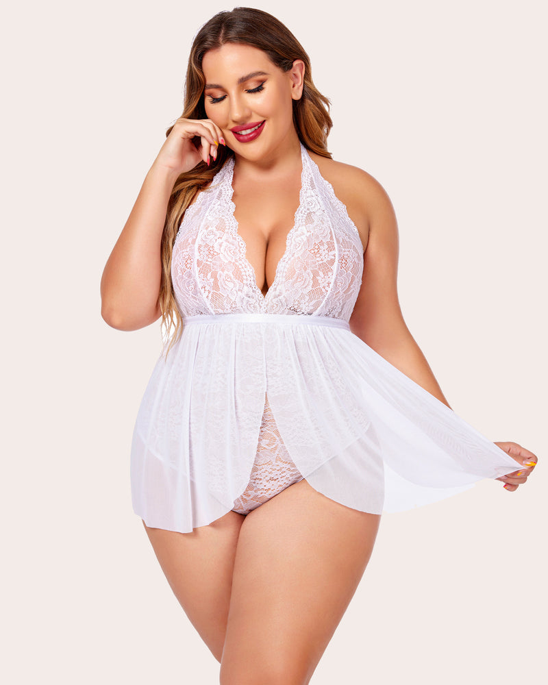 White Lace Halter Babydoll Nighty Plus Size with Snap Crotch & Plunging Neckline