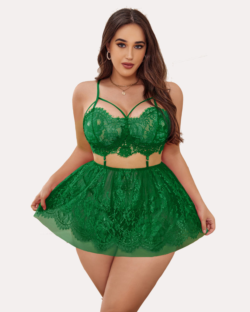 Green lace mesh babydoll lingerie set with floral design. Sexy nightwear, Avidlove.