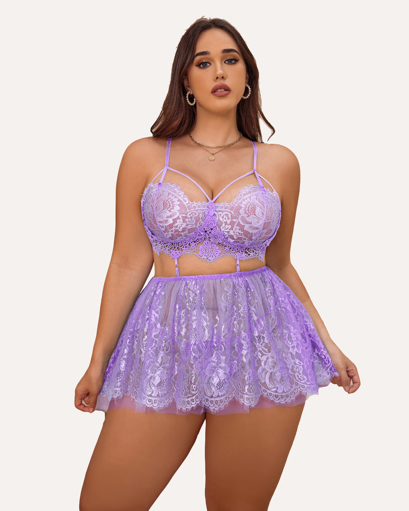 Plus size lavender babydoll lingerie set with strappy bralette and floral lace skirt, flattering fit