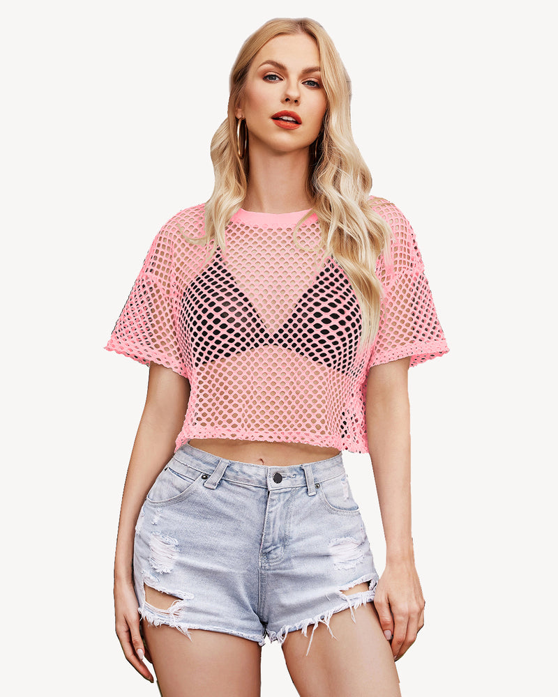 Pink sheer fishnet crop top with denim shorts. Sexy and fashionable lingerie.