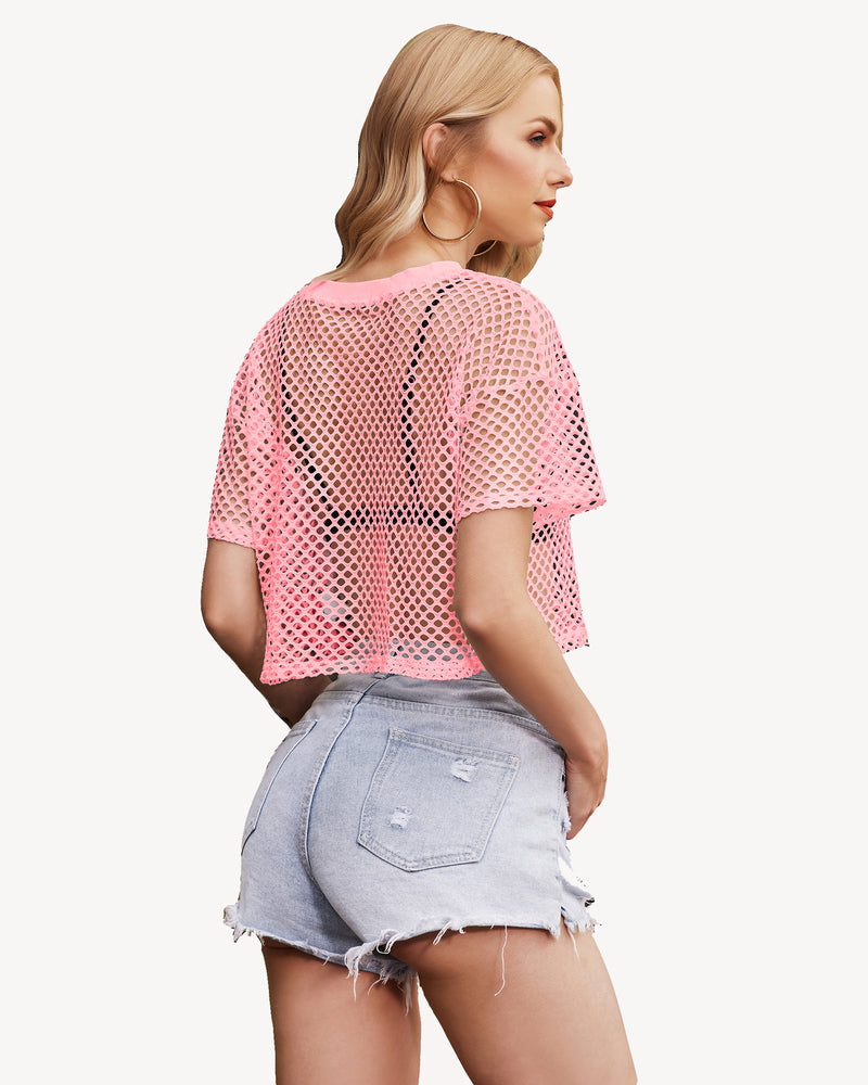 Pink sheer fishnet crop top with denim shorts. Sexy and fashionable crop top from Avidlove.