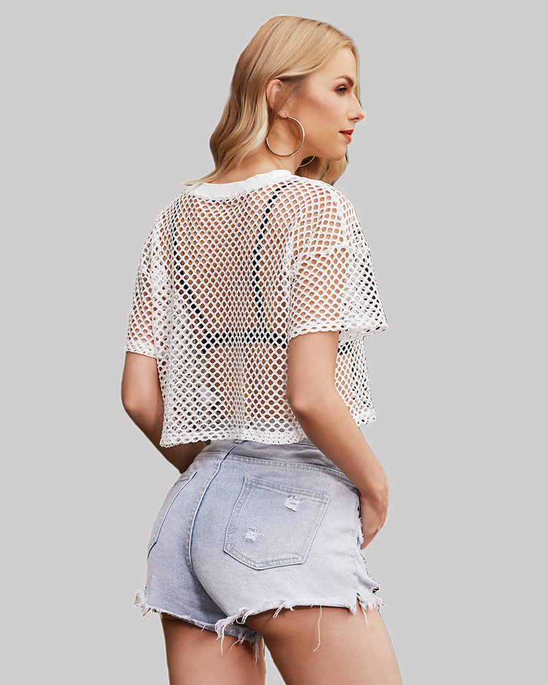 White mesh crop top with denim shorts. Sexy and fashionable see-through top for women.