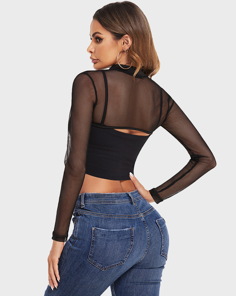 Black mesh long sleeve see-through crop top, part of Avidlove's sexy lingerie collection.