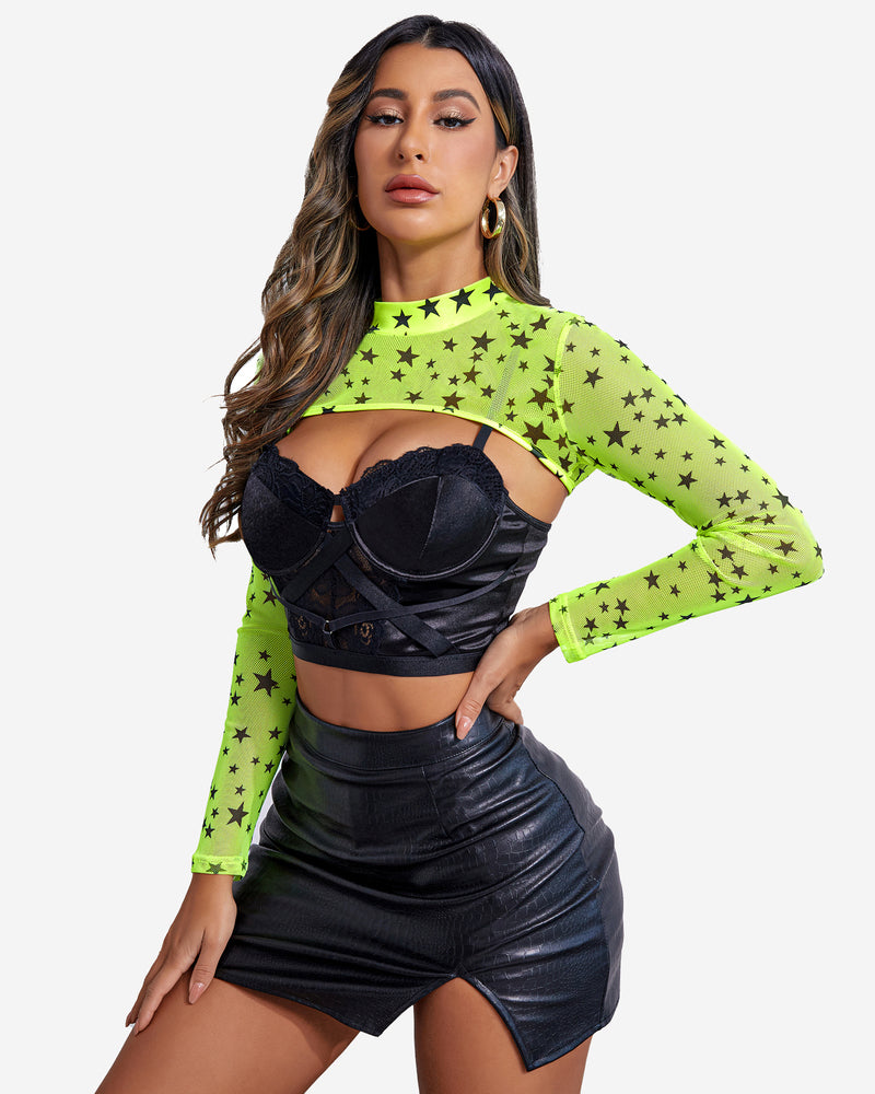 Neon green star mesh see-through shirt, black bra, leather skirt. Confident Avidlove style.