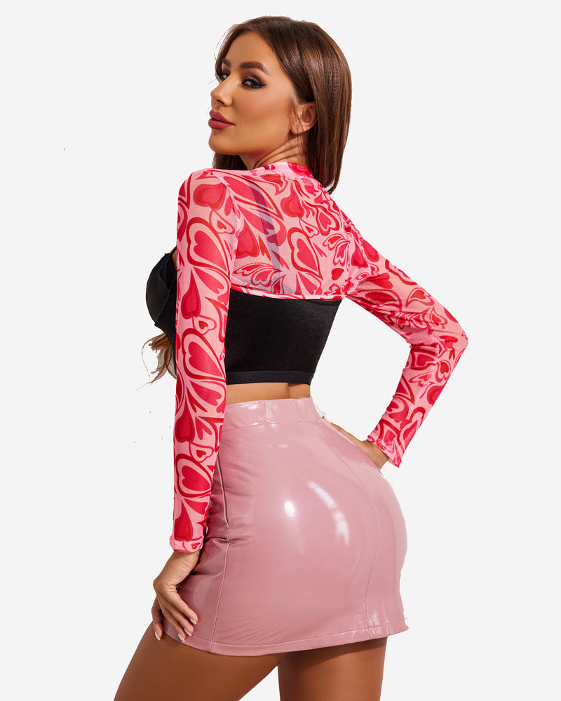 Red heart see through shirt and pink mini skirt. Sexy, confident look, ideal for Avidlove lingerie.