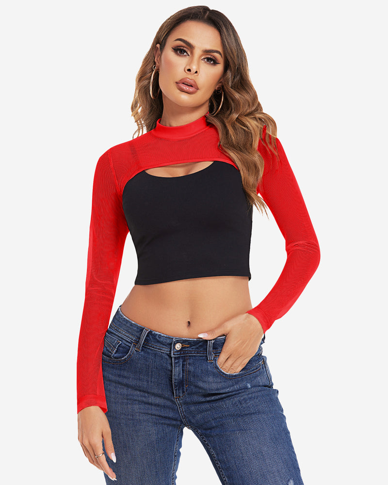 Avidlove red mesh see-through crop top with keyhole, black crop top and jeans. Confident style.