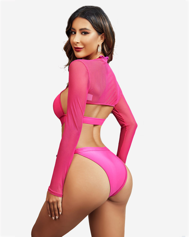 Hot pink mesh long sleeve crop top and bikini set. Stylish and confident Avidlove lingerie.