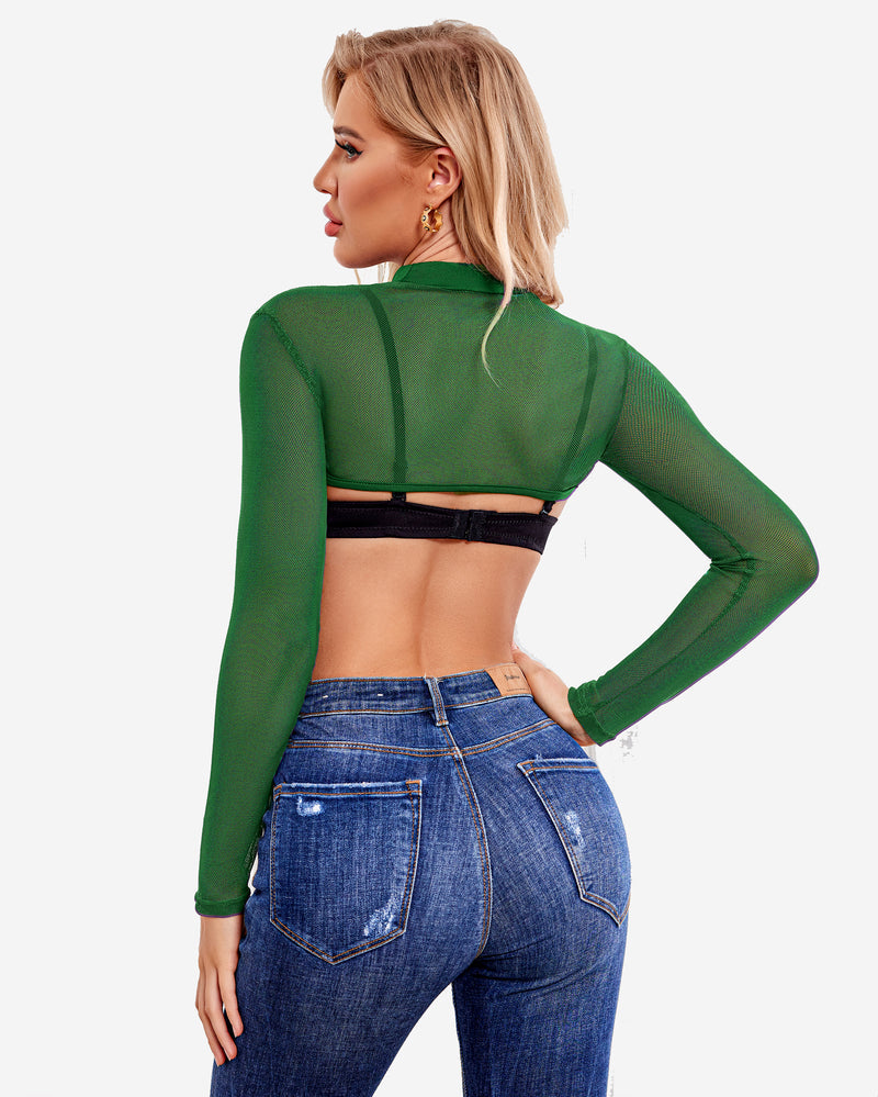 Avidlove green mesh see-through crop top, black bra, jeans. Stylish and confident lingerie look.