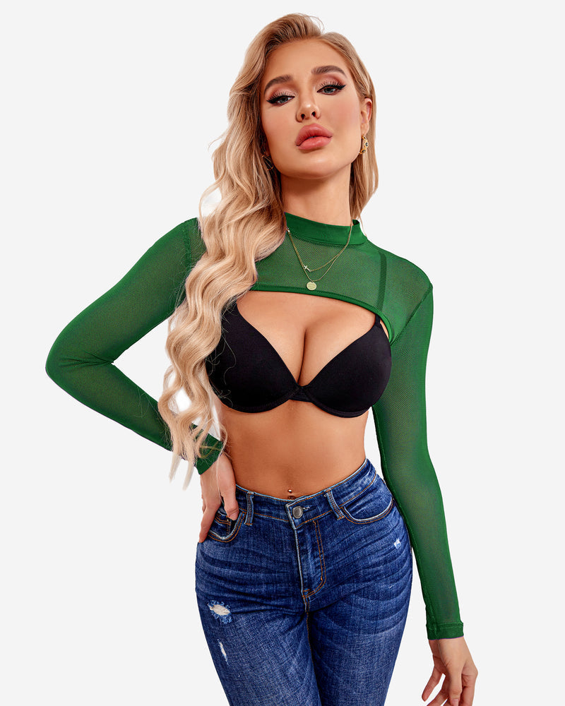Avidlove Green Mesh See Through Crop Top with Black Bra and Jeans. Confident, stylish lingerie look.