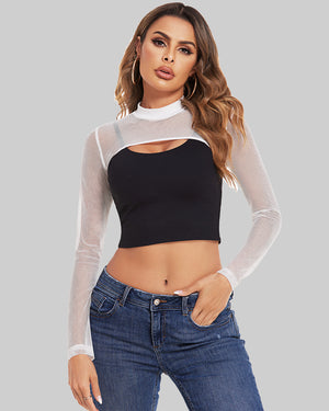 Women Sexy See through Crop Tops T-Shirt Sheer Mesh Turtleneck Long Sleeve  Blouses Party Club