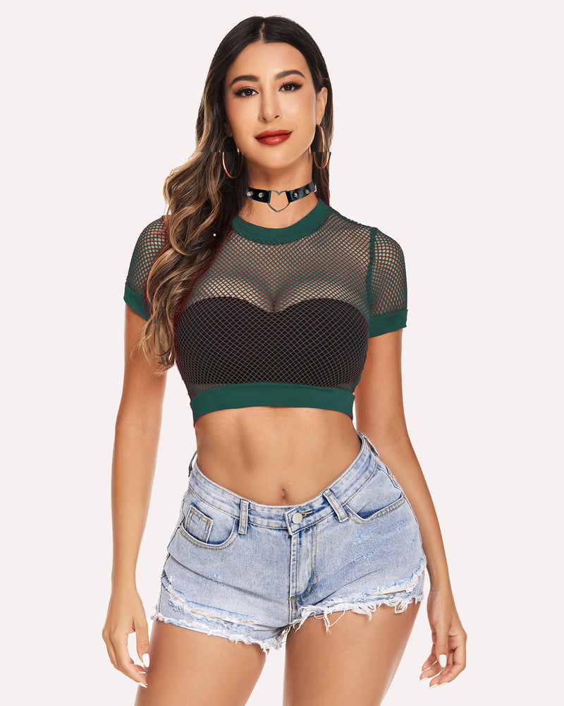 Green mesh crop top with black bralette and denim shorts, a stylish and sexy outfit for women.
