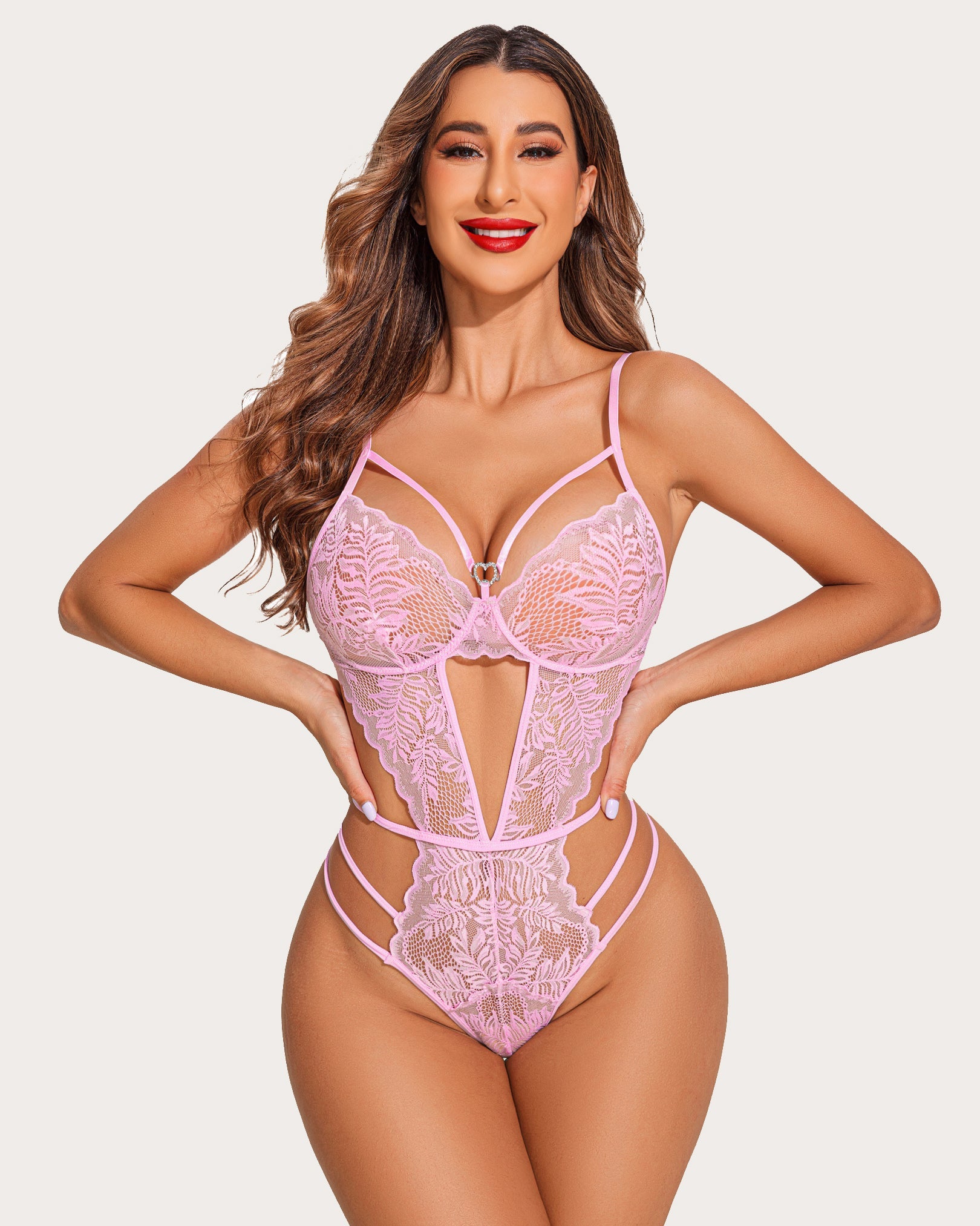 Pink lace deep V bodysuit, perfect for wedding night, honeymoon or lingerie party, adjustable straps