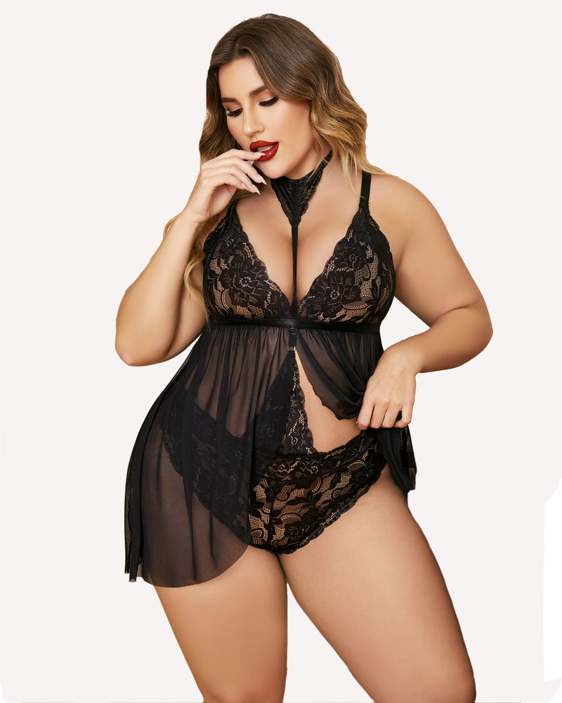 Plus size black lace babydoll lingerie with choker. Features mesh and lace details.