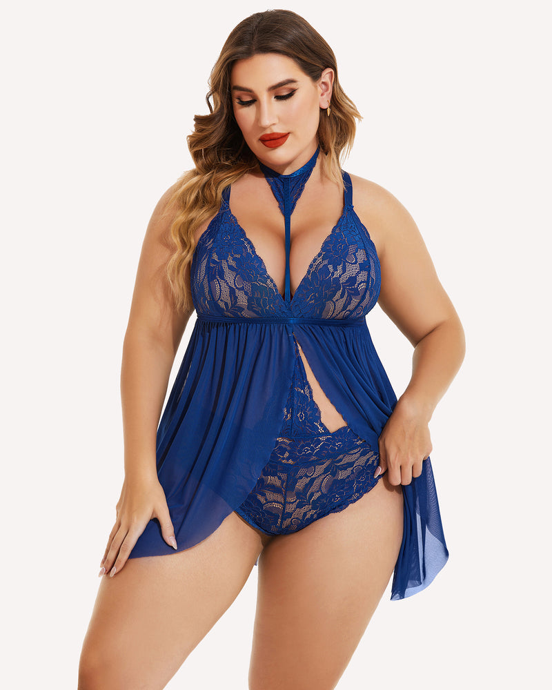 Plus size blue lace babydoll lingerie with mesh overlay and removable choker; sexy sleepwear